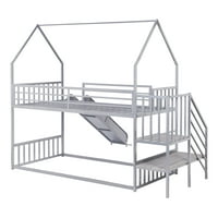 Metalni krevet na kat s klizačem, blizancima preko dva kreveta s dvorištima sa stepenicama, krevet na