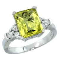 14k bijeli zlatni prirodni limunski kvarcni prsten Octagon 9x dijamant akcent, veličina 6