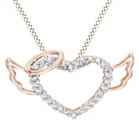 Carat T.W. Prirodno bijelo dijamantno srce sa ogrlicom za privjesak za halo i krila u zlatu od 14k od