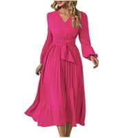 Ljetne haljine za žene Žensko ljeto Tanak naletirani kaiš s dugim rukavima V-izrez A-line haljina ružičasta