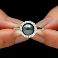 Crni tahitijski biserni prsten sa moissitnim halo za žene - 8. CT - AAA razred, srebrna srebra, US 3,00