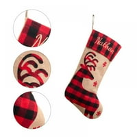 Božićne čarape, Crveni i crni bivolini provjeravaju ploče sa burlap snega, Xmas Tree, čarape za jelene,