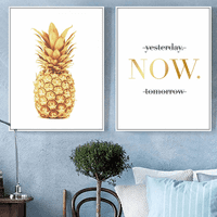 Zlatni ananas i tekstualni zidni umjetnički platneni plakat, jednostavan modni umjetnički crtanje crtača