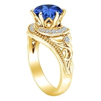 2. Okrugli oblik karata Siguran plavi safir i prirodni dijamantski zaručni prsten 14K Čvrsto žuti zlatni