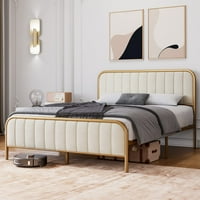 Udaljeni okvir za tapecirani krevet s baršunastom uzglavljenom, zlatnim metalnim teškim madracem, bez