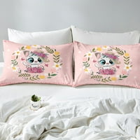 CAT posteljina set simpatičnog poklopca životinja na životinjama, ružičasto cvijeće prekrivač geometrijske