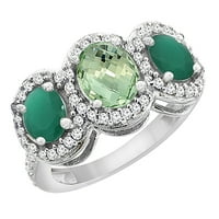 14k bijelo zlato prirodno zeleni ametist i smaragdni 3-kameni prsten ovalni dijamantni akcent, veličina