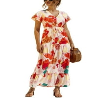 Luxplum dame duga haljina cvjetna print ljeto plaža sandress v izrez Maxi haljine labavi boemski bijeli