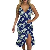Ljetne haljine za žene V-izrezani omotani poklopac koljena modna plaža bez rukava bez rukava plava m