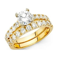 Čvrsta 14K žuta zlatna okrugla kubična cirkonija CZ svadbeni opseg i angažman mladenkini prsten dva