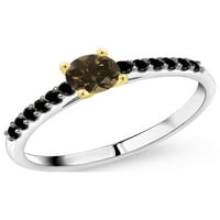 Gem Stone King srebrna i 10k žuti zlatni dijamantni ženski zaručni prsten sa okruglim smeđem dimnim kvarcom