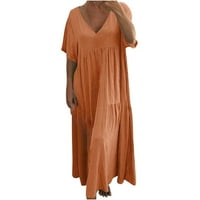 Ljetna haljina s rukavima za žene Žene Ljeto kratki rukav Solid boja V izrez Soft udobna duga haljina