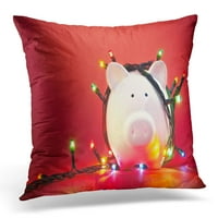 Crvena novca svinjska banka umotana u božićnu gudačku svetla za odmor jastučni jastučni jastučni poklopac