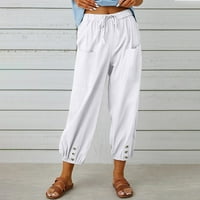 Cleariance Modne žene Ljetno casual labavo pamuk i posteljina džepa Solid pantalone bijeli xxl