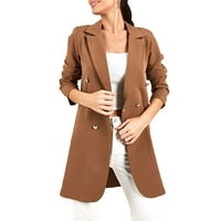 Hanzidakd ženski jakni kaputi jesen i zimski dugi rukav V-izrez poliester čvrsti jakni kaputi smeđu