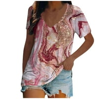 HHEI_K Ženska modna ljetna V-izrez Pulover Print kratkih rukava Top bluza Prevelike majice za žene