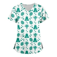 Ženska modna radna odjeća s kratkim rukavima V-izrez s džepovima tiskanim vrhovima zelena xxxxl