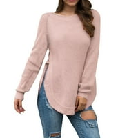 Emiodpoh džemperi za žene casual labav fit dugih rukava čvrsta boja Crewneck bočna proreza pletene džemper