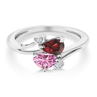 Gem Stone King Sterling Silver Dvostruki srčani prsten za žene Oblik srca Oblik Garnet i Pink Moissinite