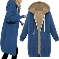 Charella ženski patentni zatvarač otvorena kapuljača od runa dugim kaputama jakna dugi kaput vrhovi plavi, xl