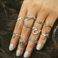 Set Ženska boemska Vintage Silver Stack prstenovi iznad zgloba plavih prstenova