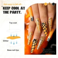 Halloween Press na noktima narančasto dugačak lijesan štap na noktima sjajni lažni nokti s bundevim
