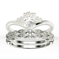Prekrasan minimalistički 2. karatni kruški rez dijamantski moissan jedinstveni zaručni prsten, pristupačni vjenčani prsten, dva podudarna traka u 10K punog bijelog zlata za njenu ljubav, trio set prstena