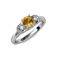 Citrinski i dijamant tri kamenog prstena s dijamantom na bočnoj šipci 1. CT TW u 14k bijelo zlato .Size