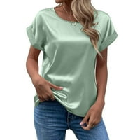 Ženske majice Ljeto Elegantni čvrsti okrugli vrat Rollirani kratki rukav saten sil bluza na vrhu zelene
