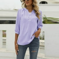 Ženski vrhovi V-izrez pune boje bluza labavi ženske majice s dugim rukavima Ljetno svjetlo ljubičaste