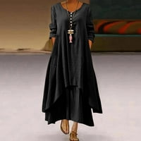 Ženska plus veličina dugačka haljina pamučna posteljina casual rukav dvostruki sloj elegantne obične