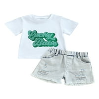 Hirigin Kids Ljetna odjeća odjeću Pismo Ispiši majicu kratkih rukava i istegnuti ležerne raštrkane traper