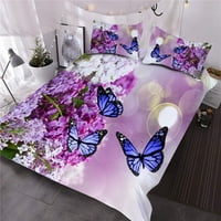Plavi leptiri na ljubičastim jorgovanim lila od tiskanim trodijelnim komfornom set posteljine kompletni