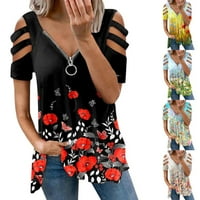 Ženska košulja za vrat modni ležerni print labav patent zatvarač s kratkim rukavima L