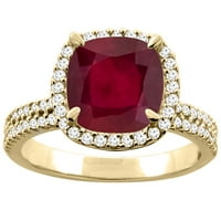 14k žuti zlatni dijamant i poboljšani originalni rubin halo prsten-rez 9x, veličine 8