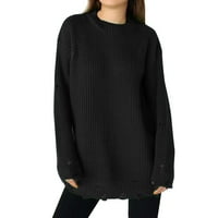 Xinqinghao Ženski pleteni džemper za vrat za posade prevelizirani rebrasti dugi rukav CRNI CRNI 2XL