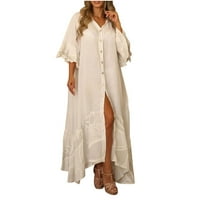 Ležerna haljina za salon za žene ruffle Ispis V-izrez rukavac Comfy maxi haljina za plažu bijela veličina