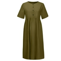 Ženska dugmeta O-izrez čista boja kratkih rukava pamuk i posteljina jednostavna haljina formalne haljine