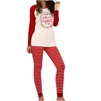 Ženske pidžame setovi - Božićni ispisani posadni vrat Stripe Crw Crw Crk s dugim rukavima Crveno s