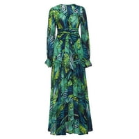 Havajske haljine za žene casual zeleni list tiskani omotač V izrez Maxi haljine dugih rukava podesiva