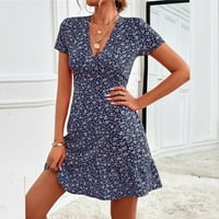 Ljetne haljine Trendi kratki rukav Mini labavi polka dot V-izrez Dress Blue M