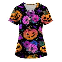 Umitay Plus filetirani piling radne uniforme vrhovi za ženski poprečni V-izrez Halloween Ispis kratkih rukava Zabavna majica Radni odjeća sa džepovima