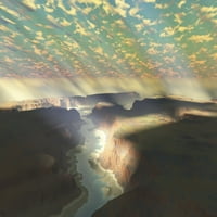 Sunrays sijaju na magli koja lebdi preko rijeke kanjona u pustinjskom pustinskom plakatu