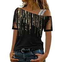 Wofedyo majice za žene Sequin tiskane top košulje mrežice kratkih rukava hladna majica na ramena labava