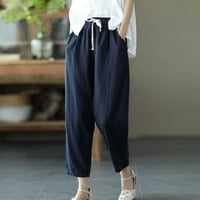 Ženske posteljine hlače visoke struk široke noge casual labave pantalone sa džepovima mornarice xxxl