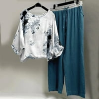Ženska modna casual otiska posteljina majica visoki struk labav pant sa džepom dva gornja i donja seta