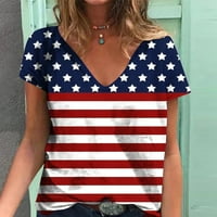 Izlasci za žene Smanjeni casual V izrez Američka zastava Ispiši majice Ljeto kratki rukav Holiday Poklon Tee Majica Neovisnost Dan Trendy Baggy bluza Tamno plave s
