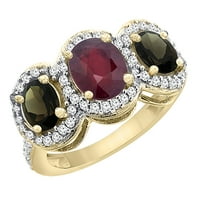 14k žuto zlato Poboljšano Ruby & Prirodni dimljeni Topaz 3-kameni prsten ovalni dijamant naglasak, veličina