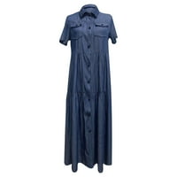 Asdoklhq ženske haljine za čišćenje veličine plus, žensko dugme labavi kruni V-izrez Lmitation traper kratka rukava duga haljina