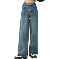 Kali_store pantalone za žene Ženske visokog struka ravne noge Jeans čvrste traper hlače tamno plava,